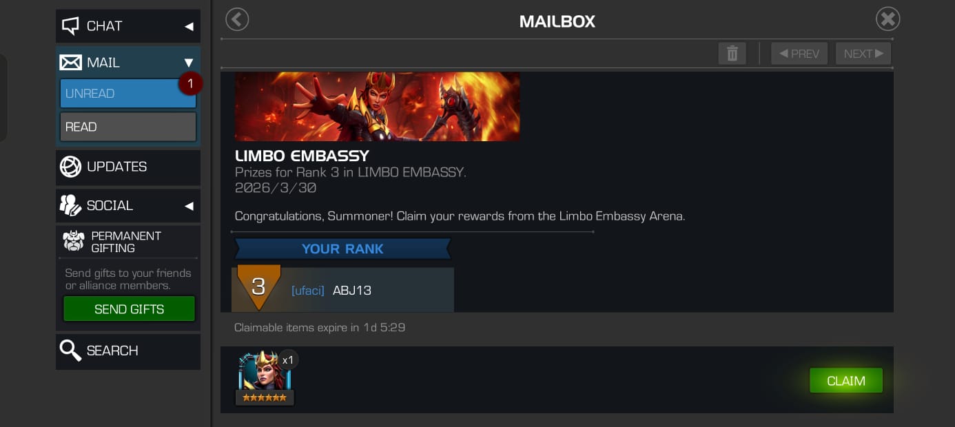 Limbo Embassy featured arena reward